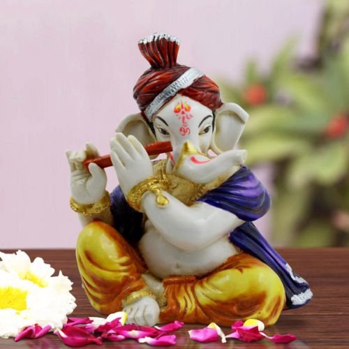 Lord Ganesha Playing Flute Multicolor Idol for Home Decor