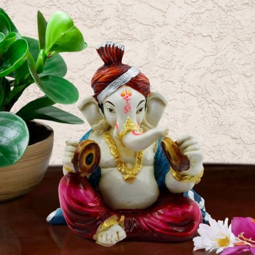 Lord Ganesha Playing Instrument Multicolor Idol for Home Decor - Karigaari India Aesthetic Home Decor