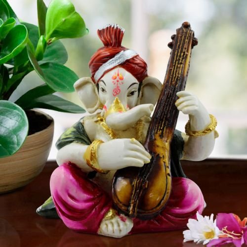 Lord Ganesha Playing Guitar Wearing Pink Dhoti Idol for Home Decor - Karigaari India Aesthetic Home Decor