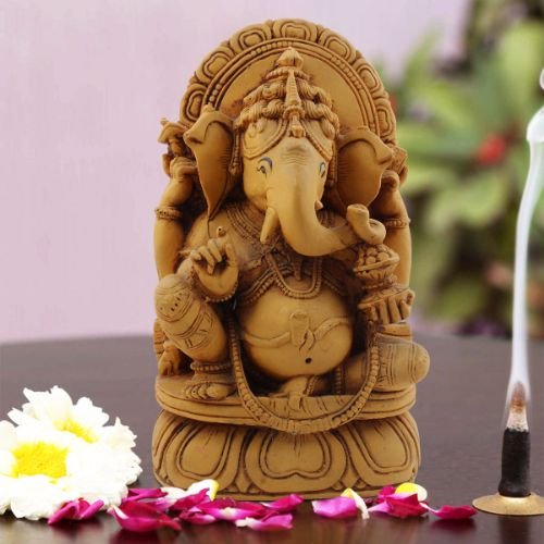 Lord Ganesha Sitting On Sihashan Brown Color Idol for Home Decor - Karigaari India Aesthetic Home Decor