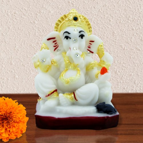 Lord Ganesha Sitting with Black Mouse for Home Decor White Color - Karigaari India Aesthetic Home Decor
