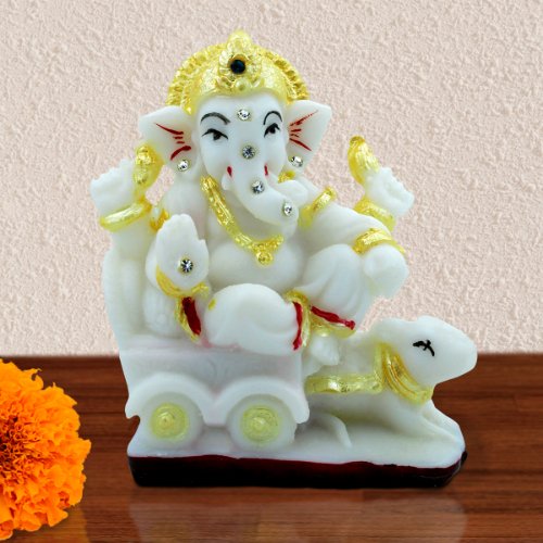 Lord Ganesha Sitting On Rath for Home Decor Crystal White Colour - Karigaari India Aesthetic Home Decor