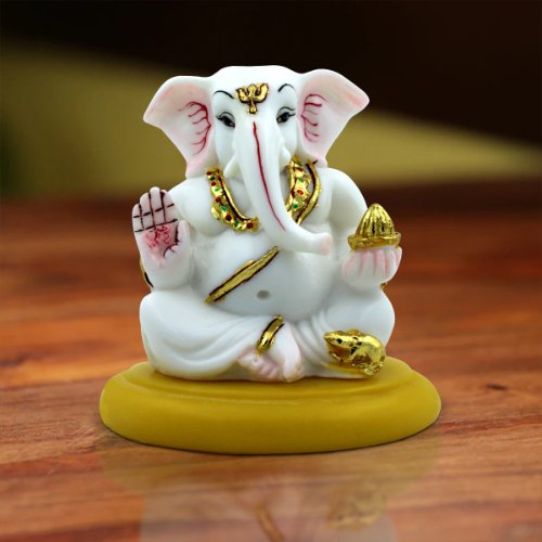 Unique Lord Ganesha Sitting White Color Idol With Golden Ornaments for Home Decor - Karigaari India Aesthetic Home Decor