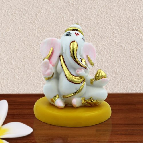 Unique Design Lord Ganesha Sitting White Colour Idol With Golden Ornaments for Home Decor - Karigaari India Aesthetic Home Decor