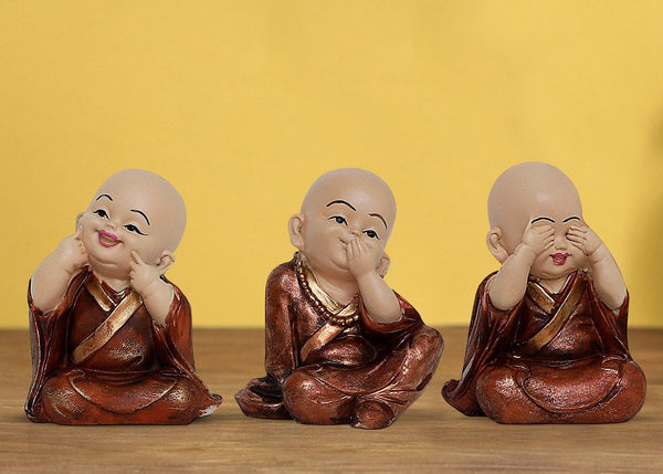Handcrafted Ployresin Lord Buddha Three Sitting Statues Wearing Shiny Brown Clothes Showpiece Home Decor/Office Decor/Spiritual Gift - Karigaari India Aesthetic Home Decor