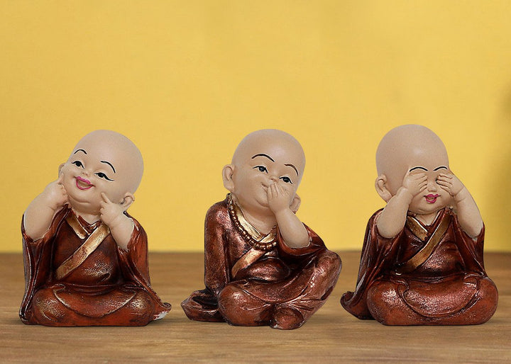 Handcrafted Ployresin Lord Buddha Three Sitting Statues Wearing Shiny Brown Clothes Showpiece Home Decor/Office Decor/Spiritual Gift - Karigaari India Aesthetic Home Decor