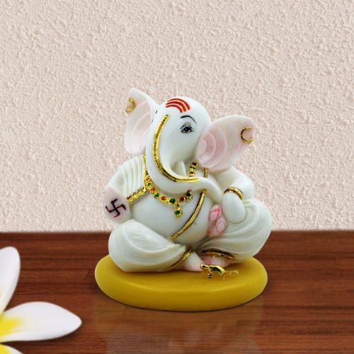 Small Lord Ganesha Sitting With Swastik on Hand White Color Idol for Home Decor