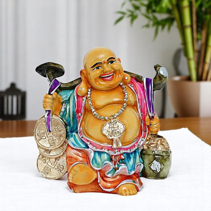 Handcrafted Ployresin Lord Buddha Standing With Taking Medals On Shoulders Laughing Statue Showpiece Home Decor/Office Decor/Spiritual Gift - Karigaari India Aesthetic Home Decor