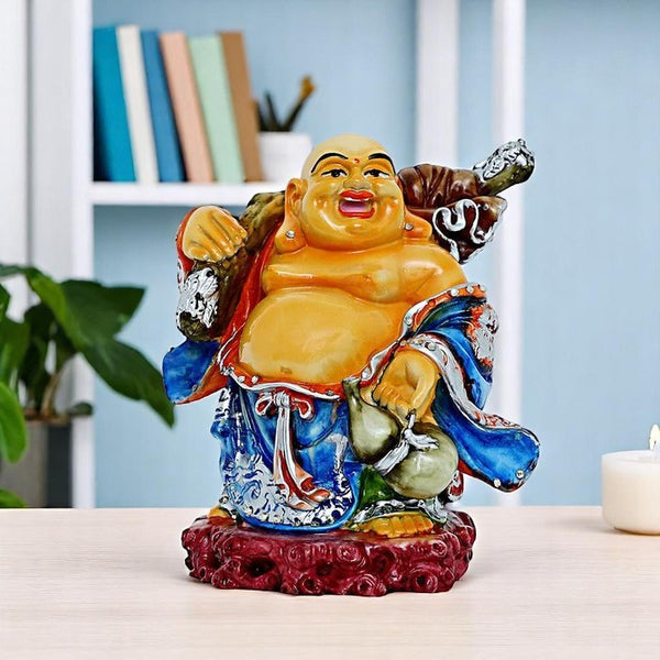 Handcrafted Ployresin Lord Buddha Standing With Laughing Multicolour Statue Showpiece Home Decor/Office Decor/Spiritual Gift,Blue And White - Karigaari India Aesthetic Home Decor