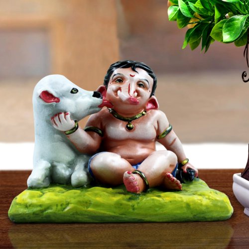 Lord Ganesha Sitting With Dog Idol Multicolor Best for Home Decor - Karigaari India Aesthetic Home Decor