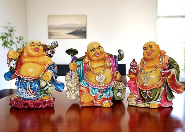 Handcrafted Ployresin Lord Buddha Three Standing With Laughing Multicolour Statues Showpiece Home Decor/Office Decor/Spiritual Gift - Karigaari India Aesthetic Home Decor