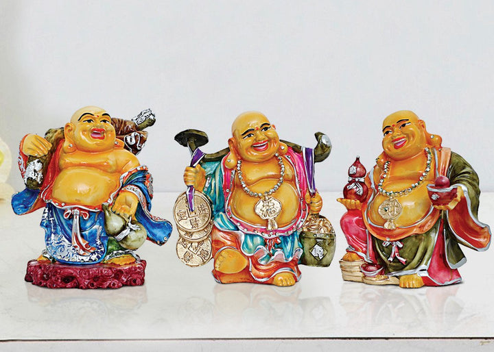 Handcrafted Ployresin Lord Buddha Three Standing With Laughing Multicolour Statues Showpiece Home Decor/Office Decor/Spiritual Gift - Karigaari India Aesthetic Home Decor