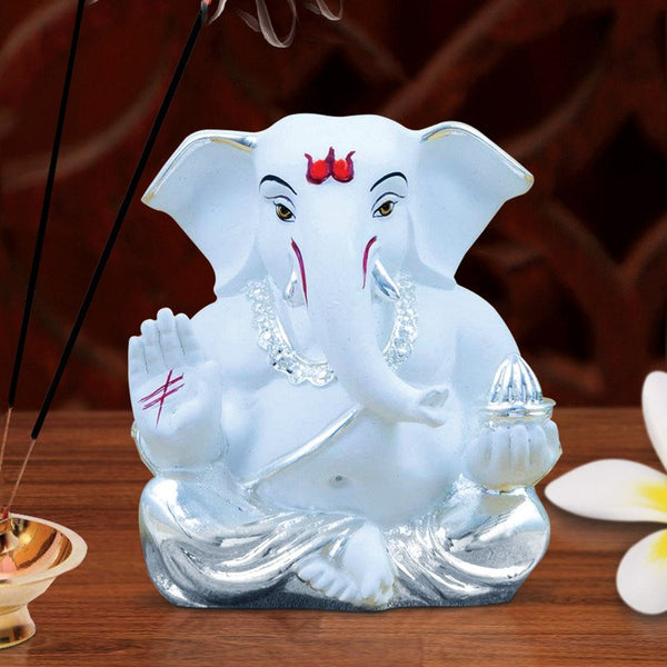 Stylish White Ceramic Ganesha Idol for Car Dashboard I Gifting