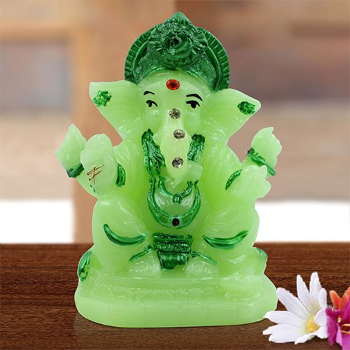 Unique Design Lord Ganesha Sitting Idol Crystal Green Color With Dark Green Ornaments Best for Home Decor - Karigaari India Aesthetic Home Decor