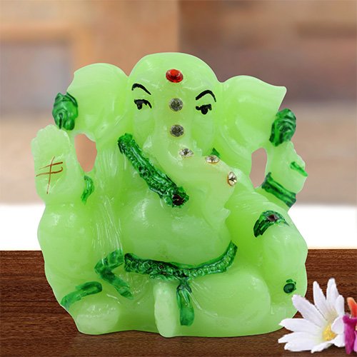 Unique Design Small Lord Ganesha Sitting Idol Crystal Green Color With Dark Green Ornaments Best for Home Decor