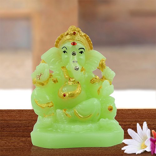 Unique Design Small Lord Ganesha Sitting Idol Crystal Green Color With Golden Ornaments Best for Home Decor