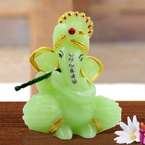 Small Unique Design Lord Ganesha Playing Flute Idol Green Colour Best for Home Decor - Karigaari India Aesthetic Home Decor