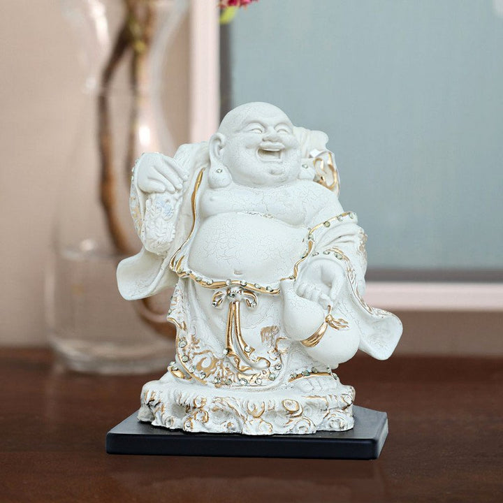 Handcrafted Ployresin Lord Buddha  Standing With Laughing White Colour With Golden Border Statue Showpiece Home Decor/Office Decor/Spiritual Gift - Karigaari India Aesthetic Home Decor