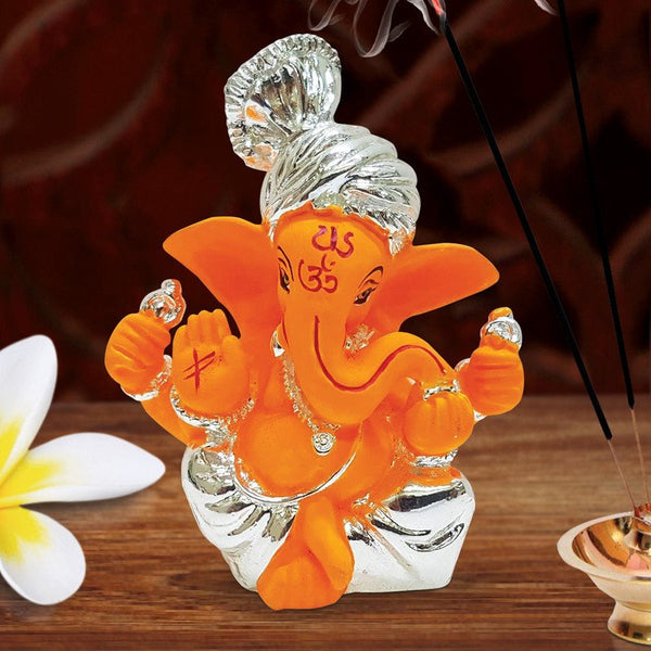 Handcrafted Orange & Silver Ceramic Ganesha Idol for Car Dashboard I Gifting