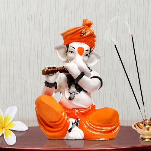 Unique Little Lord Ganesha Playing Flute Idol Orange Best for Home Decor
