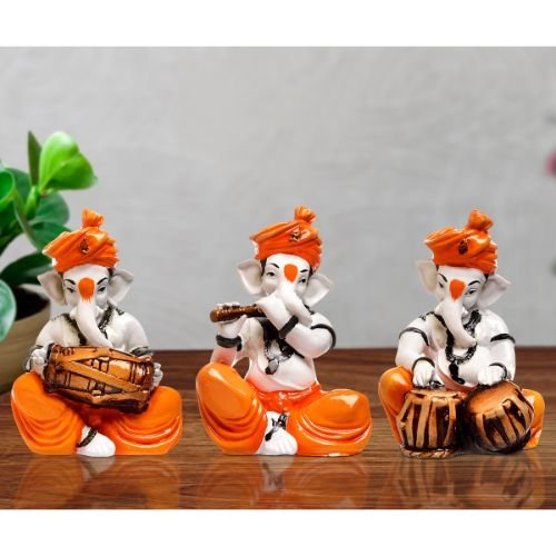 Three Little Lord Ganesha Playing Instruments Idol Orange Color Best for Home Decor