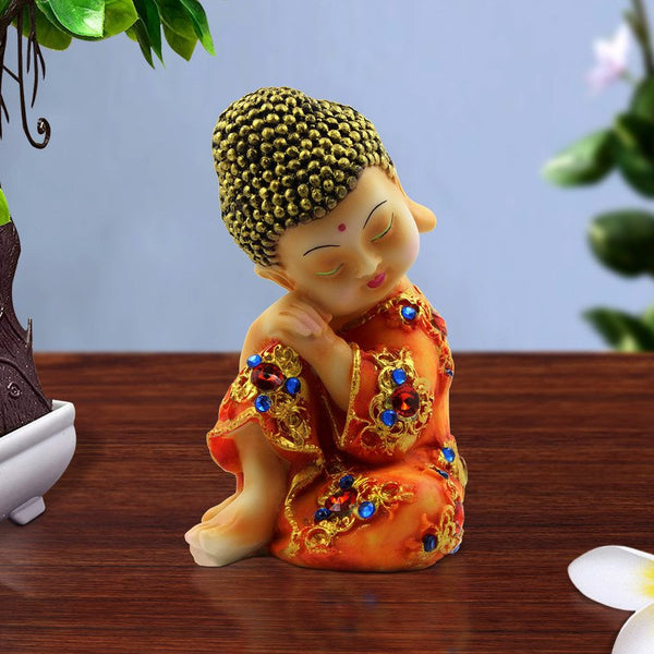 Handcrafted Ployresin Lord Buddha Sitting And Sleeping Orange Colour Statue Showpiece Home Decor/Office Decor/Spiritual Gift - Karigaari India Aesthetic Home Decor