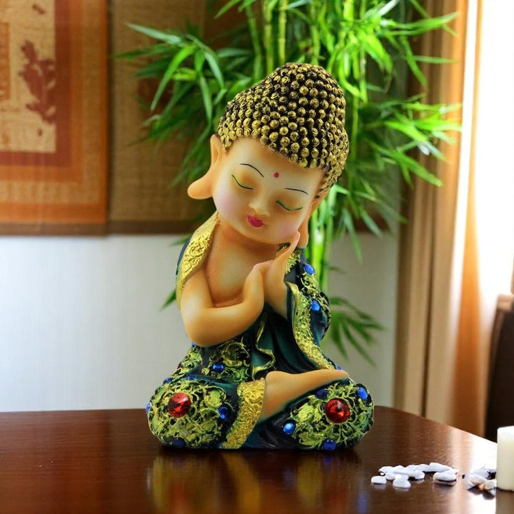 Handcrafted Ployresin Lord Buddha Sitting And Sleeping Green Colour Statue Showpiece Home Decor/Office Decor/Spiritual Gift - Karigaari India Aesthetic Home Decor