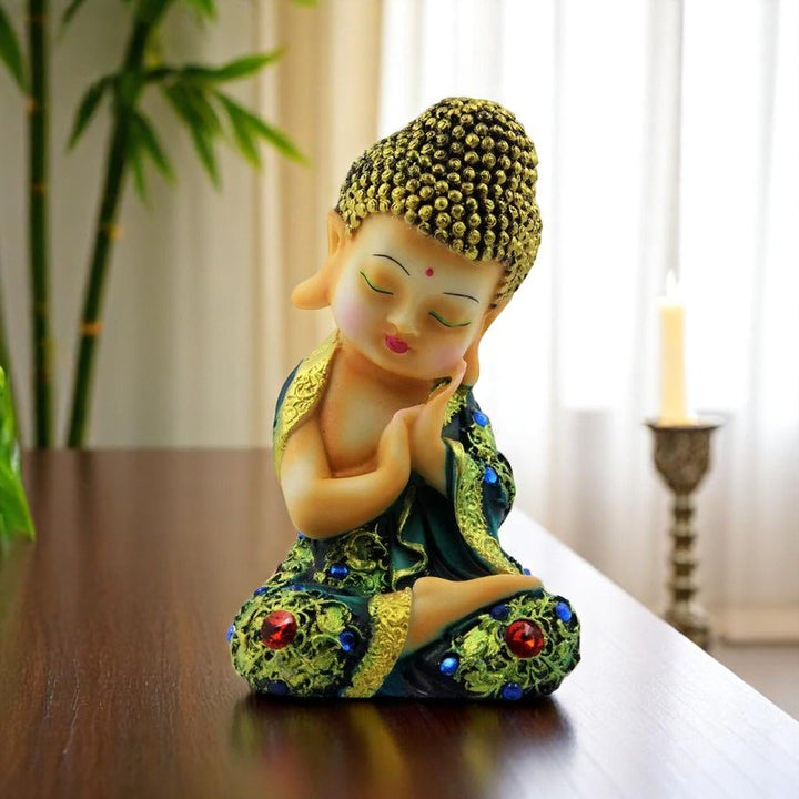 Handcrafted Ployresin Lord Buddha Sitting And Sleeping Green Colour Statue Showpiece Home Decor/Office Decor/Spiritual Gift - Karigaari India Aesthetic Home Decor