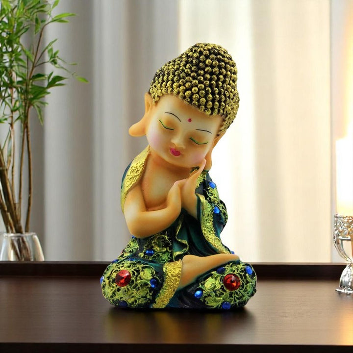 Handcrafted Ployresin Lord Buddha Sitting And Sleeping Green Colour Statue Showpiece Home Decor/Office Decor/Spiritual Gift - Karigaari India Aesthetic Home Decor