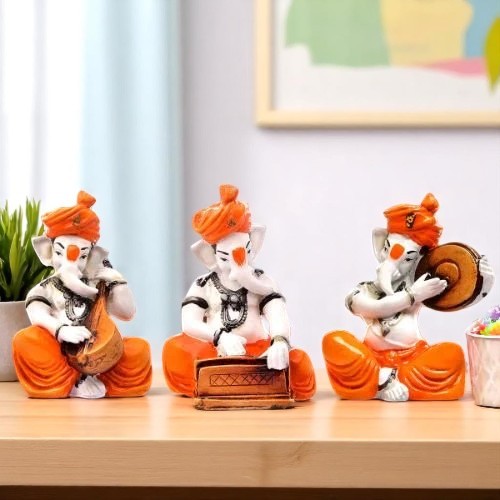 Unique Design Three Lord Ganesha Playing Instruments Idol Orange Best Item for Home Decor - Karigaari India Aesthetic Home Decor