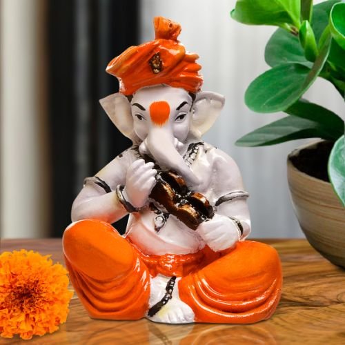 Unique Design Little Lord Ganesha Playing Instruments Idol Orange Best Item for Home Decor - Karigaari India Aesthetic Home Decor