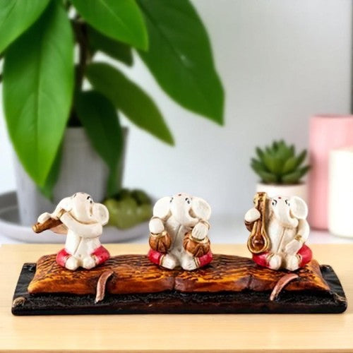 Unique Design Three Little Lord Ganesha Playing Instruments Idol White Best Item for Home Decor - Karigaari India Aesthetic Home Decor