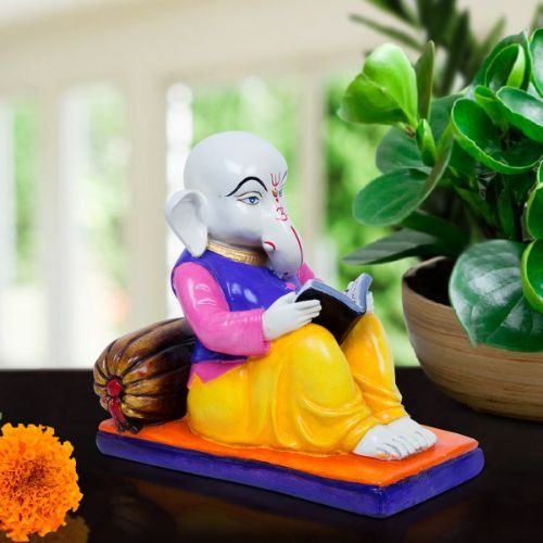 Unique Design Little Lord Ganesha Sitting & Reading Book Multicolor Best Item for Home Decor - Karigaari India Aesthetic Home Decor