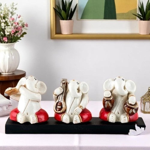 Small Three Lord Ganesha Idol Playing Instruments Best & Unique Design White for Home Decor