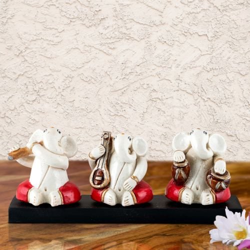 Small Three Lord Ganesha Idol Playing Instruments Best & Unique Design White for Home Decor - Karigaari India Aesthetic Home Decor