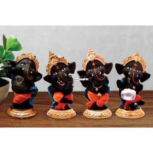 Unique Design Four Little Lord Ganesha Playing Instruments Idol Black Best Item for Home Decor - Karigaari India Aesthetic Home Decor