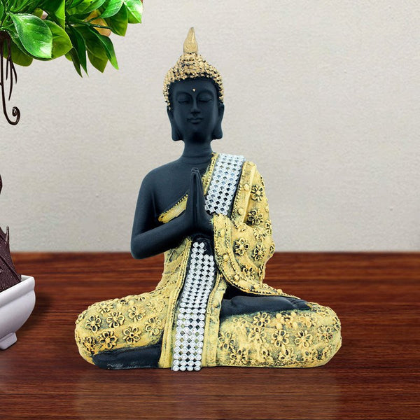 Handcrafted Ployresin Lord Buddha Sitting Black And Yellow Colour Statue Showpiece Home Decor/Office Decor/Spiritual Gift