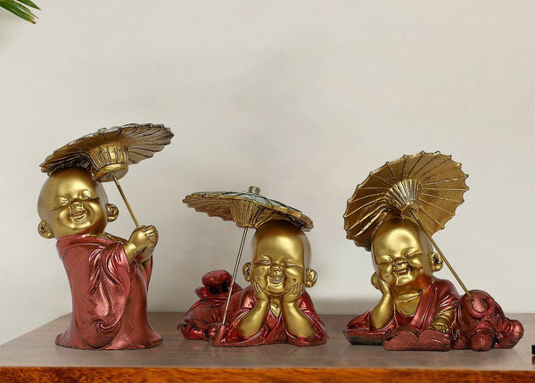 Handcrafted Ployresin Lord Buddha Golden Statue With Umbrella Showpiece Home Decor/Office Decor/Spiritual Gift, Three Pieces - Karigaari India Aesthetic Home Decor