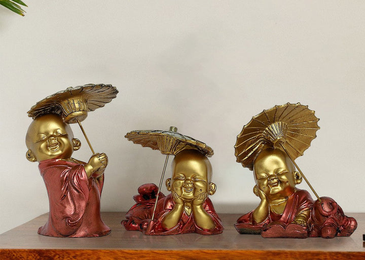 Handcrafted Ployresin Lord Buddha Golden Statue With Umbrella Showpiece Home Decor/Office Decor/Spiritual Gift, Three Pieces - Karigaari India Aesthetic Home Decor