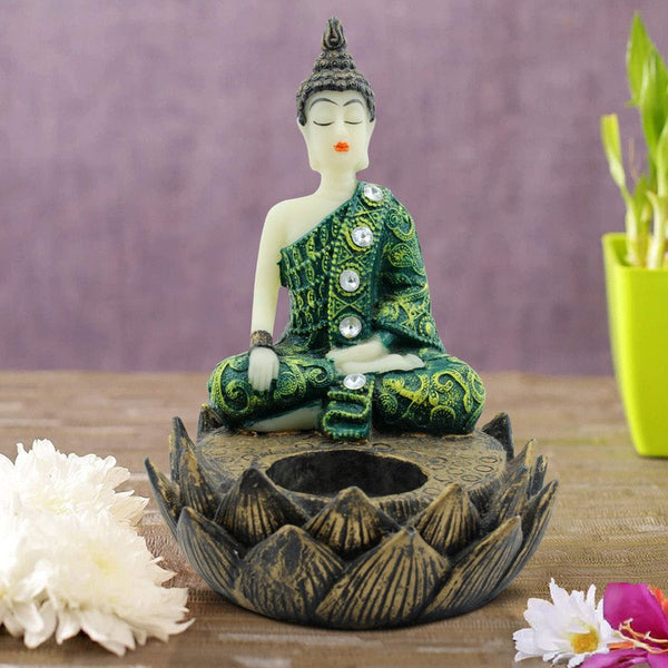 Handcrafted Ployresin Lord Buddha Sitting On Lotus Statue Showpiece Home Decor/Office Decor/Spiritual Gift, Green And Brown - Karigaari India Aesthetic Home Decor