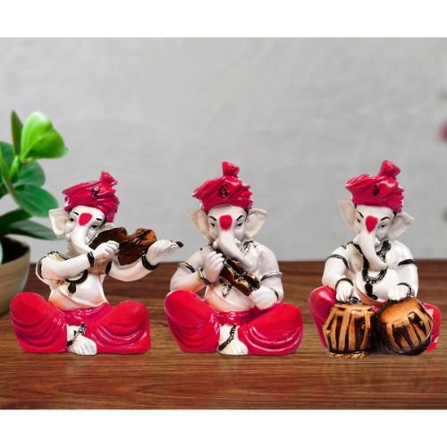Unique Design Three Lord Ganesha Playing Instruments Idol Pink Best Item for Home Decor - Karigaari India Aesthetic Home Decor