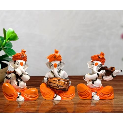 Three Lord Ganesha Idol Playing Instruments Idol Orange Best & Unique Item for Home Decor