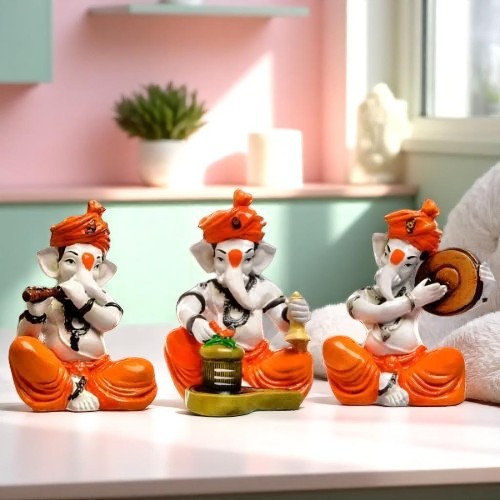 Three Little Lord Ganesha Idol Playing Instruments Orange Best & Unique Item for Home Decor