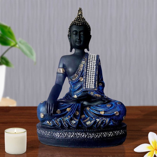 Handcrafted Ployresin Lord Buddha Black And Blue Colour Meditating Statue Showpiece Home Decor/Office Decor/Spiritual Gift
