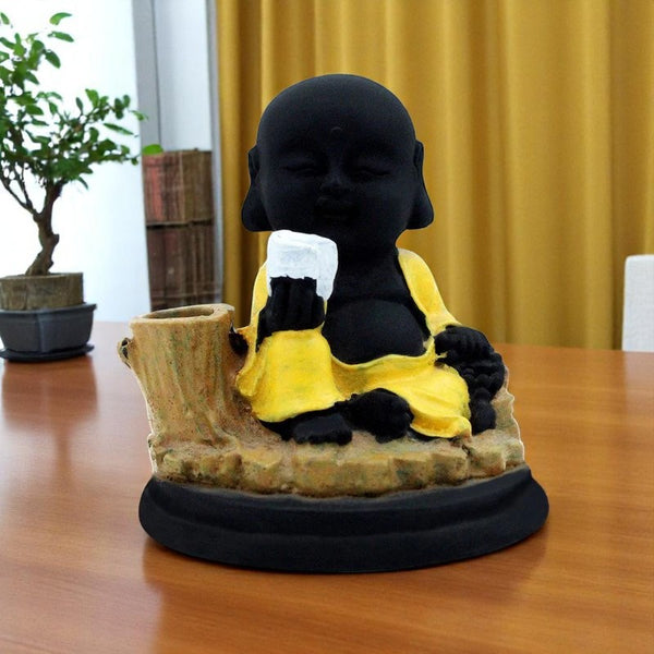 Handcrafted Ployresin Lord Buddha Sitting Statue Showpiece Home Decor/Office Decor/Spiritual Gift,Black And Yellow Colour - Karigaari India Aesthetic Home Decor