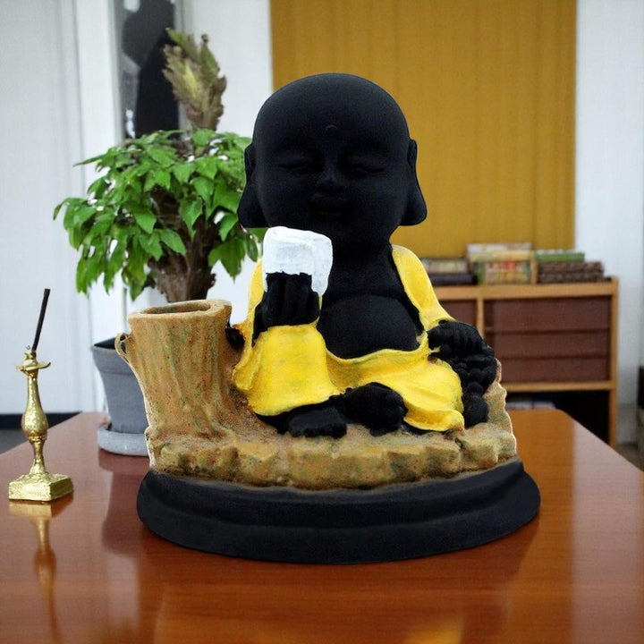 Handcrafted Ployresin Lord Buddha Sitting Statue Showpiece Home Decor/Office Decor/Spiritual Gift,Black And Yellow Colour - Karigaari India Aesthetic Home Decor