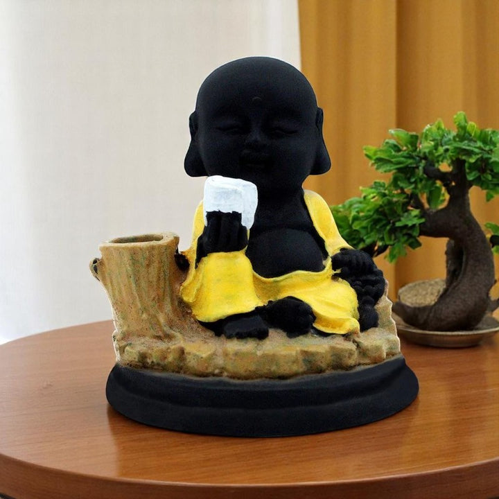 Handcrafted Ployresin Lord Buddha Sitting Statue Showpiece Home Decor/Office Decor/Spiritual Gift,Black And Yellow Colour - Karigaari India Aesthetic Home Decor
