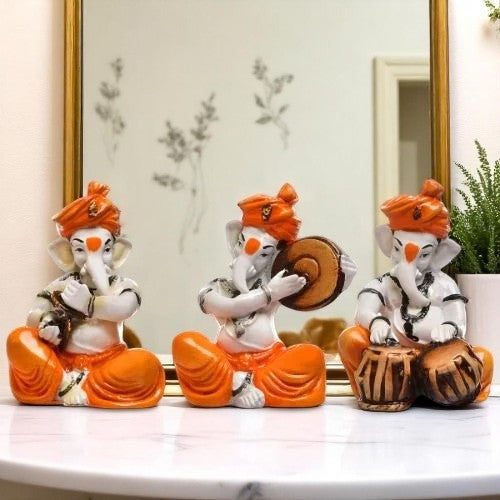 Three Small Lord Ganesha Idol Playing Instruments Orange Best & Unique Design for Home Decor - Karigaari India Aesthetic Home Decor
