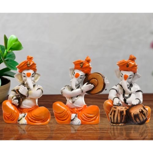 Three Small Lord Ganesha Idol Playing Instruments Orange Best & Unique Design for Home Decor - Karigaari India Aesthetic Home Decor