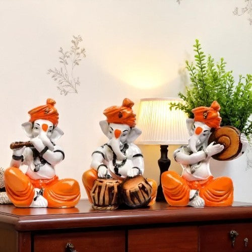 Three Little Lord Ganesha Idol Playing Instruments Best & Unique Design Orange Color for Home Decor